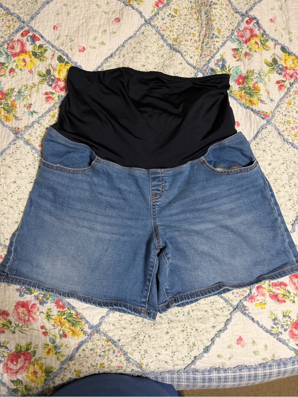 Ingrid & Isabel Blue Denim Maternity Shorts with Black Waistband